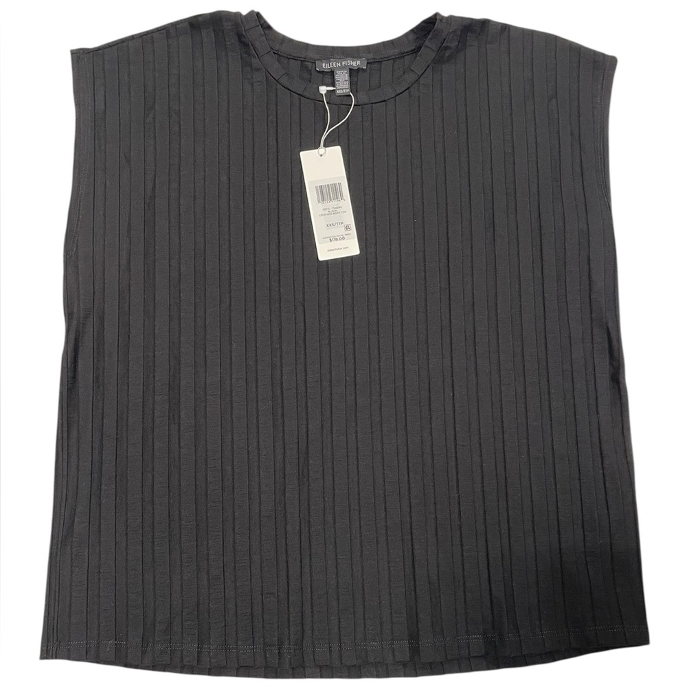 Eileen Fisher Wide Rib Stretch Crew Neck Black Top Size Xxs‎